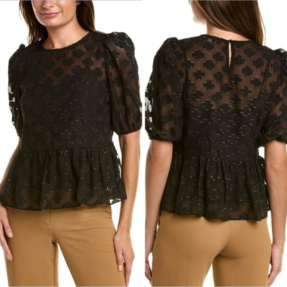 Nanette Lepore Black and Gold Sheer Floral Blouse size medium